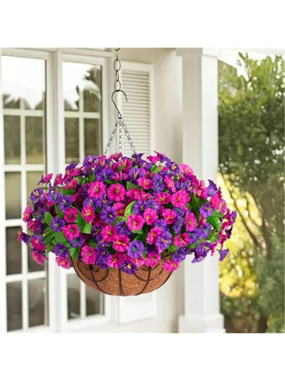 Artificial Morning Glory Hanging Basket Faux Flowers Outdoor Porch Decor